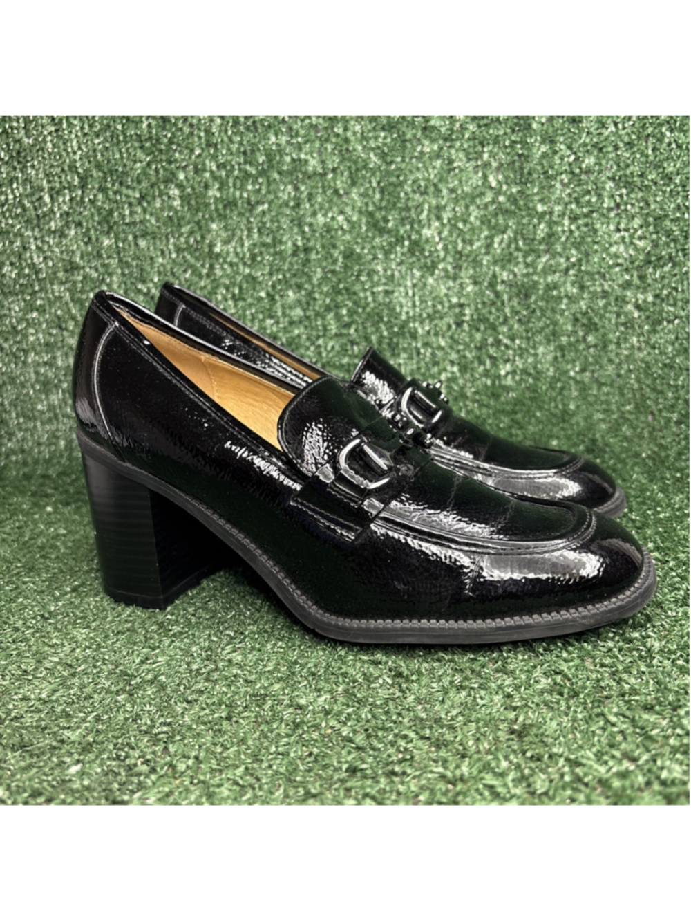 Nine West Loafers Black Patent Leather Chunky Block Heeled Horsebit Size‎ 8 M